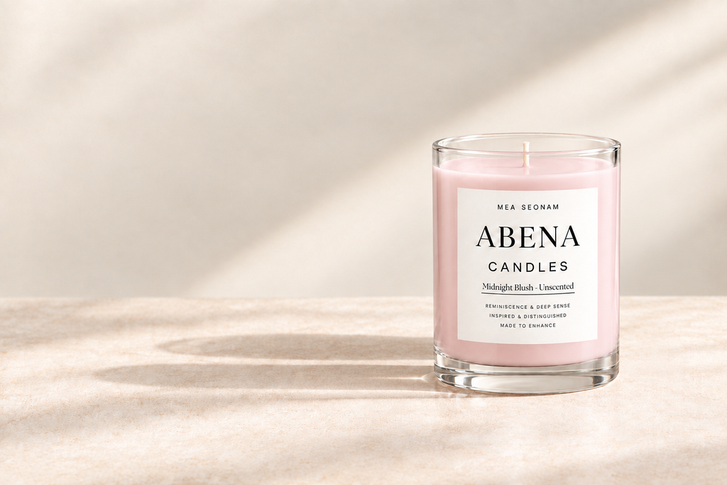 Eén zachtroze ABENA-kaars met het etiket Midnight Blush - Unscented